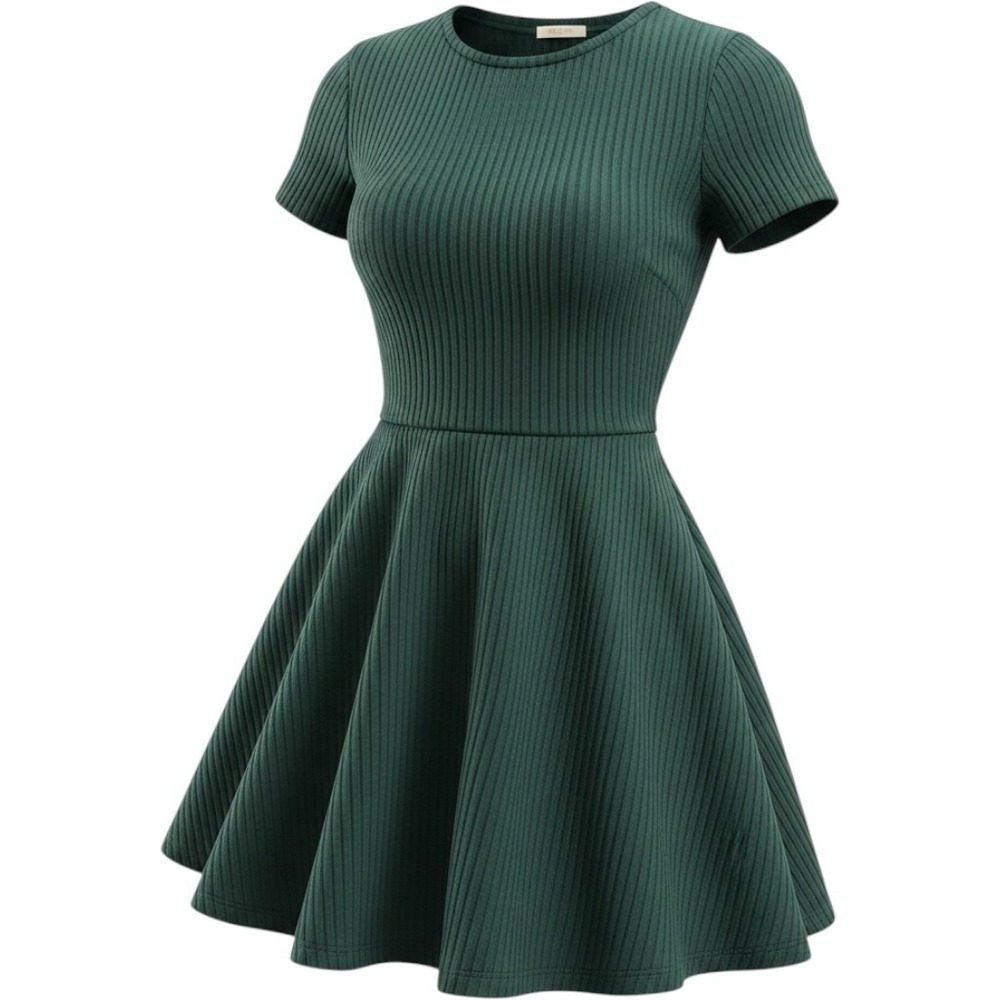 Taylor Womens Forest Green Ribbed Knit Fit Flare Short Sleeve Sweater Dress L